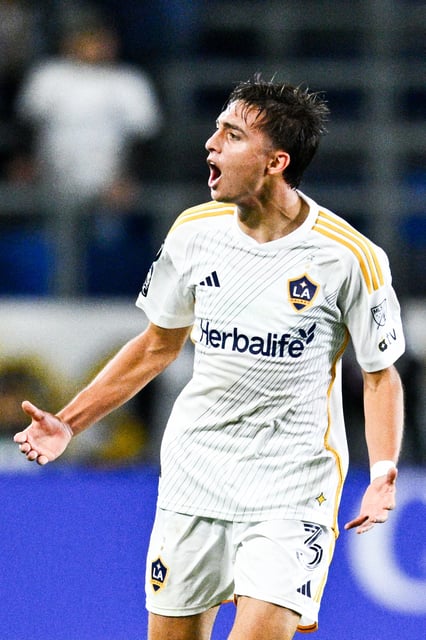 Mar 12, 2025; Carson, California, USA; LA Galaxy defender Julian Aude (3) celebrates his goal against C.S. Herediano during the first half at Dignity Health Sports Park. Mandatory Credit: Kelvin Kuo-Imagn Images