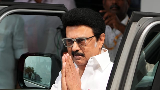 Tamil Nadu chief minister MK Stalin arrives to participate in an all-party meeting.