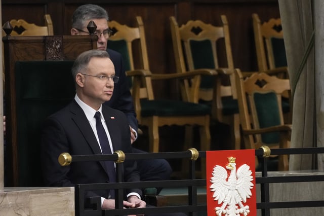 Poland's President Andrzej Duda attends a parliament session, Friday March 7, 2025 in Warsaw, Poland. (AP Photo/Czarek Sokolowski)