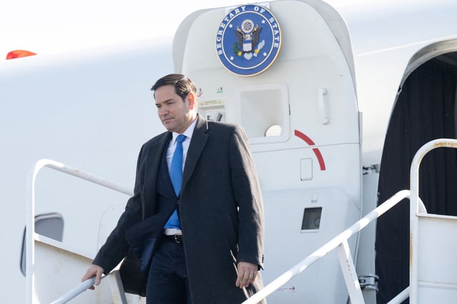 US Secretary of State Marco Rubio disembarks from a military airplane upon arrival at Quebec City Jean Lesage International Airport in Quebec, Canada, March 12, 2025, as he travels to a G7 Foreign Ministers meeting.