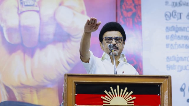 Tamil Nadu chief minister MK Stalin addresses a gathering during a public meeting, in Tiruvallur district of Tamil Nadu.