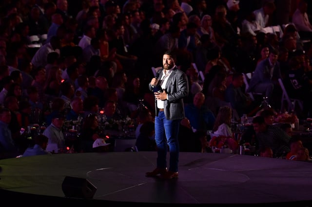 Jun 12, 2024; Foxborough, MA, USA; New England Patriots center David Andrews (60) speaks during the New England Patriots Hall of Fame induction Ceremony for Tom Brady at Gillette Stadium.  Mandatory Credit: Eric Canha-USA TODAY Sports/File Photo