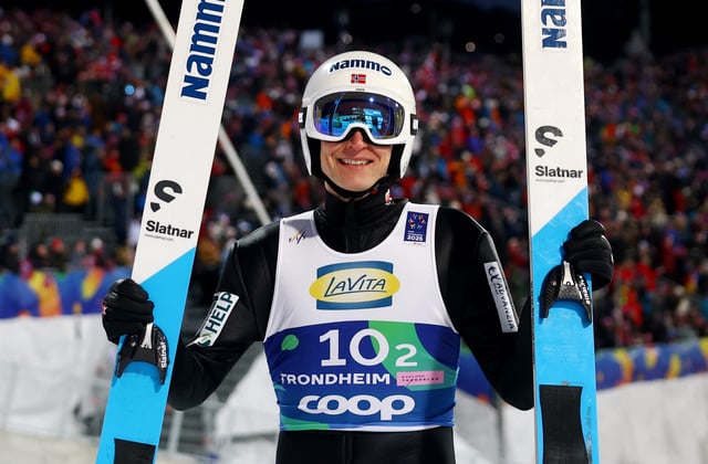 Nordic Skiing - FIS Nordic World Ski Championships - Trondheim, Norway - March 6, 2025 Norway's Robin Pedersen reacts after his second jump during the men's ski jumping team large hill HS138 REUTERS/Kai Pfaffenbach/File Photo