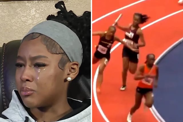 Alaila Everett in an emotion interview with WAVY 10 News in Virginia before she was charged with assault [L] and the moment Everett hit Kaelen Tucker with a relay batton in Virginia on March 4, 2025.