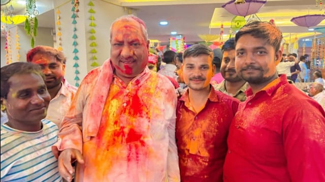 UP minister Sanjay Nishad at a 'Holi Milan' event in Gorakhpur on Thursday.