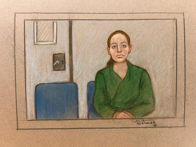 Former British nurse and convicted child serial killer Lucy Letby appears by video link during an appeal against her conviction for trying to murder a newborn baby, at the Court of Appeal in London, Britain, October 24, 2024, in this courtroom sketch. Courtesy of Julia Quenzler/Handout via REUTERS/File Photo