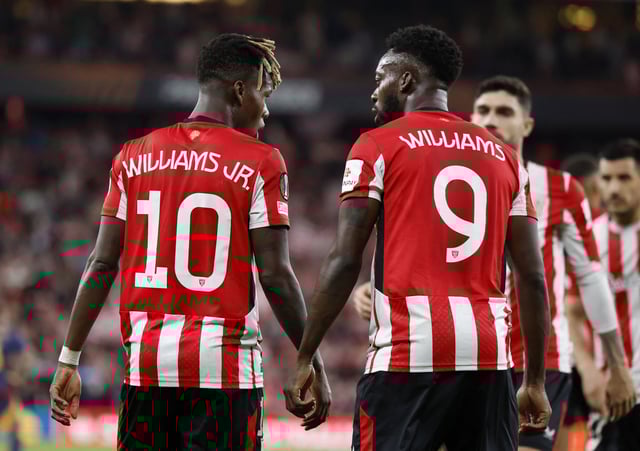 Soccer Football - Europa League - Round of 16 - Second Leg - Athletic Bilbao v AS Roma - San Mames, Bilbao, Spain - March 13, 2025 Athletic Bilbao's Nico Williams celebrates scoring their first goal with Inaki Williams REUTERS/Vincent West