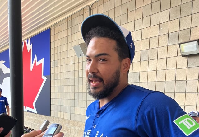 Blue Jays outfielder Anthony Santander speaks to the media on Thursday in Dunedin, Florida. (Jacob Calvin Meyer/Staff)