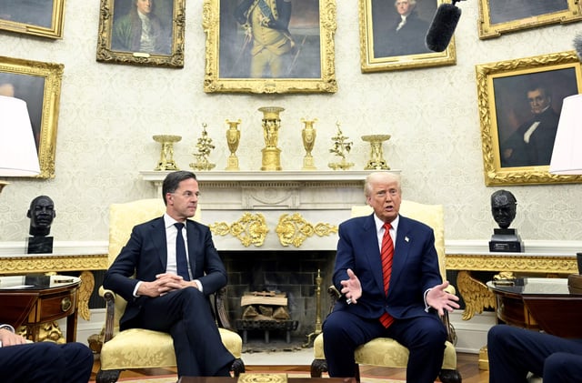 President Donald Trump speaks during a meeting with NATO Secretary General Mark Rutte, center left, as Vice President JD Vance, right, listens at the White House in Washington, Thursday, March 13, 2025. (Pool via AP)