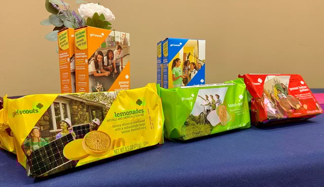 Girl Scout cookies on display.