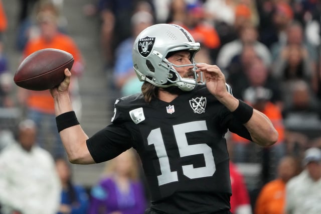 Nov 24, 2024; Paradise, Nevada, USA; Las Vegas Raiders quarterback Gardner Minshew (15) throws the ball against the Denver Broncos in the first half at Allegiant Stadium. Mandatory Credit: Kirby Lee-Imagn Images/File Photo