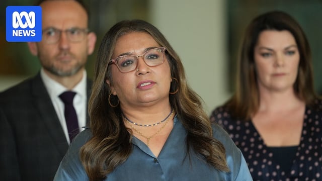 A woman stands in front of two other people, speaking.