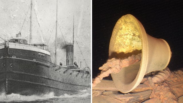 The image on the left shows Western Reserve after it sailed, the photo on the right shows its wreckage after 132 years. 