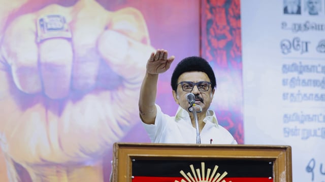 Tamil Nadu Chief Minister MK Stalin addresses a gathering during a public meeting, in Tiruvallur district of Tamil Nadu.