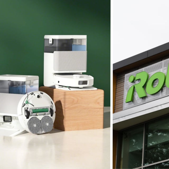 Two images side by side. On the left are four robot vacuums from iRobot's 2025 lineup. On the right is the iRobot logo on the iRobot headquarters in Bedford, Massachusetts, US.