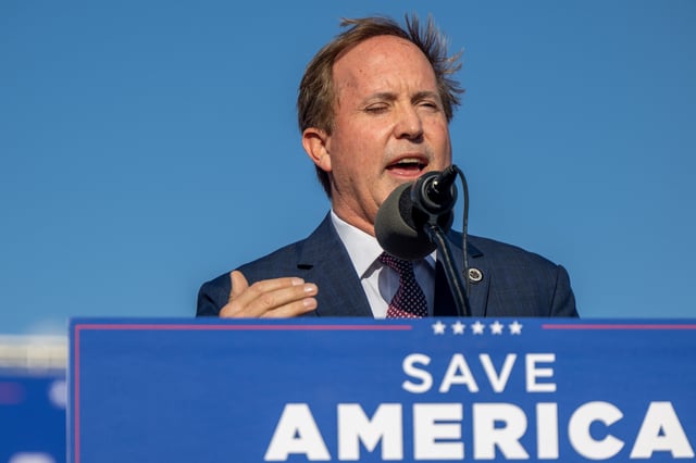Texas Attorney General Ken Paxton speaks at the &#39;Save America&#39; rally on October 22, 2022 in Robstown, Texas.