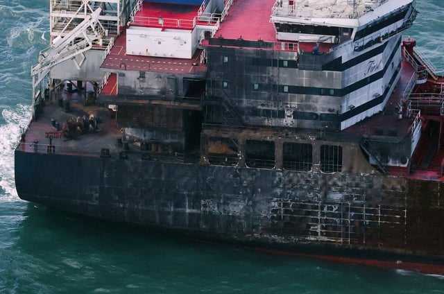 A view of a damaged hull of Stena Immaculate oil tanker ship after it collided with a cargo ship off the northeastern coast of England, Britain, March 11, 2025. REUTERS/Phil Noble     TPX IMAGES OF THE DAY