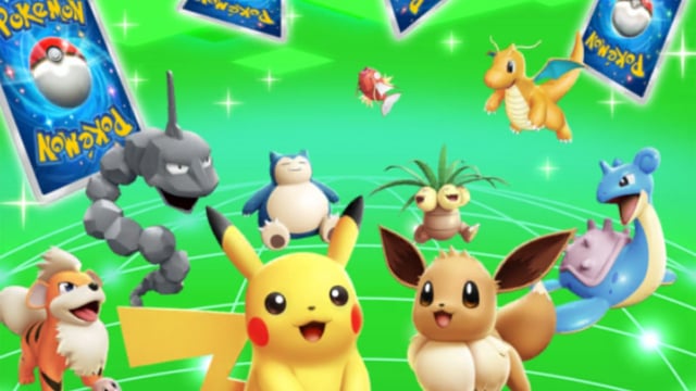 Various Pokémon including Pikachu and Eevee with Pokémon cards floating above them in artwork from Pokémon TCG Pocket.