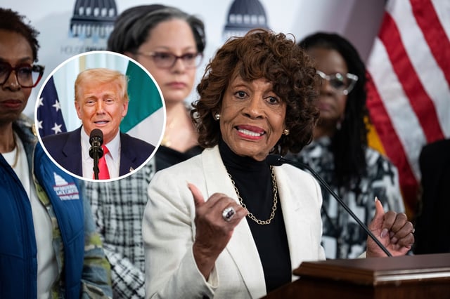 Rep. Maxine Waters, D-Calif., conducts a news conference with members of the Congressional Black Caucus during the House Democrats 2025 Issues Conference at the Lansdowne Resort in Leesburg, Va., on Thursday, March 13, 2025. Inset: U.S. President Donald Trump