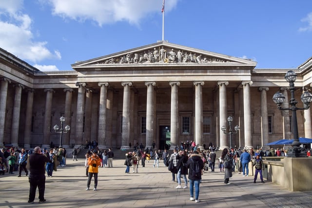 General view of the British Museum in London with visitors outside
