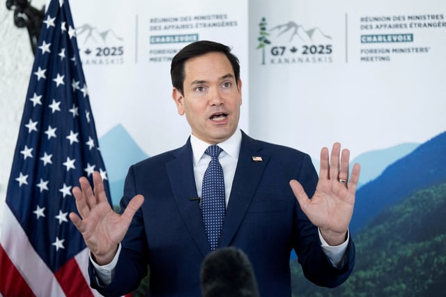 U.S. Secretary of State Marco Rubio speaks with reporters following the G7 foreign ministers meeting in La Malbaie, Quebec, Canada March 14, 2025.     SAUL LOEB/Pool via REUTERS