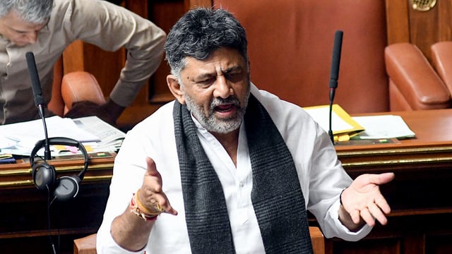 Karnataka deputy chief minister DK Shivakumar speaks during the budget session of the Legislative Assembly on Tuesday.
