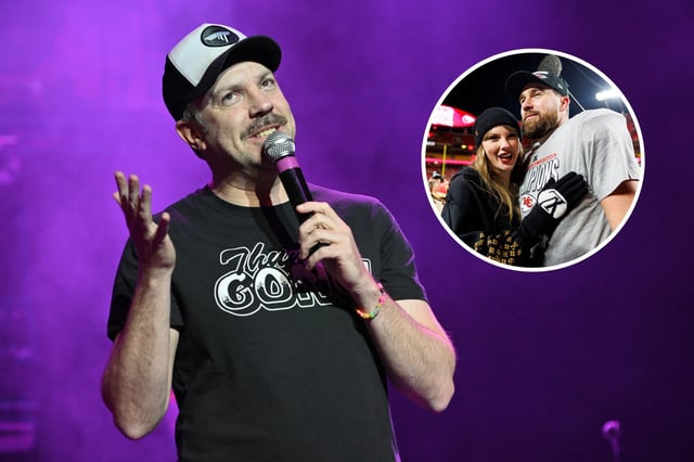 Jason Sudeikis performs during the Thundergong! Benefit Concert at the Uptown Theater on November 12, 2022 in Kansas City, Missouri. In the inset image, Travis Kelce, #87 of the Kansas City Chiefs, celebrates with Taylor Swift after the AFC Championship football game against the Buffalo Bills at Arrowhead Stadium on January 26, 2025 in Kansas City, Missouri.