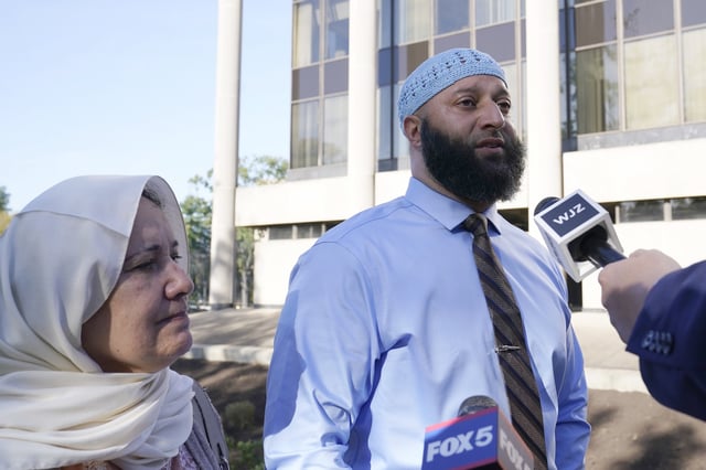 FILE - Adnan Syed and his mother Shamim Rahman talk with reporters as they arrive at Maryland's Supreme Court in Annapolis, Md., Thursday, Oct. 5, 2023. (AP Photo/Susan Walsh, File)