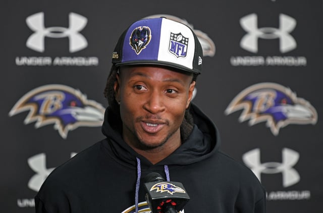Baltimore Ravens WR DeAndre Hopkins speaks with the media after signing free agent contract with the team. (Kenneth K. Lam/Staff)