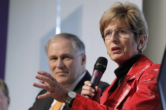 FILE - Christine Todd Whitman, the former Republican Governor of New Jersey, speaks, March 6, 2019, in Seattle. (AP Photo/Ted S. Warren, File)