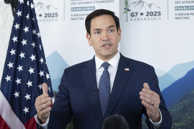 US Secretary of State Marco Rubio speaks with reporters following the G7 foreign ministers meeting in La Malbaie, Quebec, Canada, on Friday, March 14, 2025.