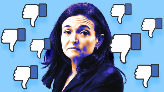 Sheryl Sandberg and Facebook thumbs down icons.