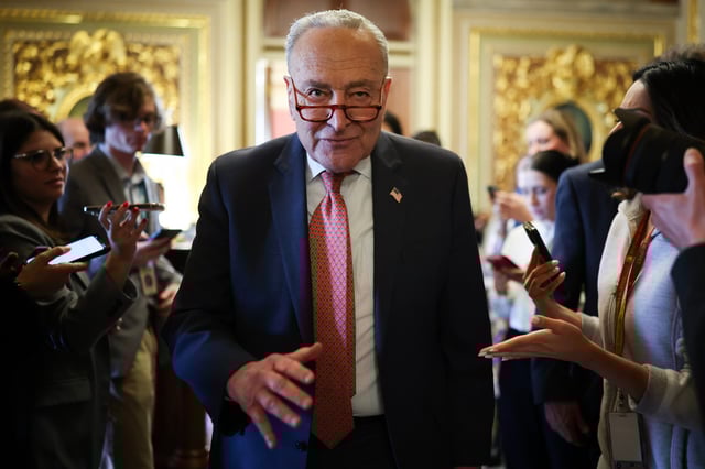 Senate Minority Leader Chuck Schumer (D-NY) leaves the Democratic caucus lunch at the U.S. Capitol on March 13, 2025 in Washington, DC.