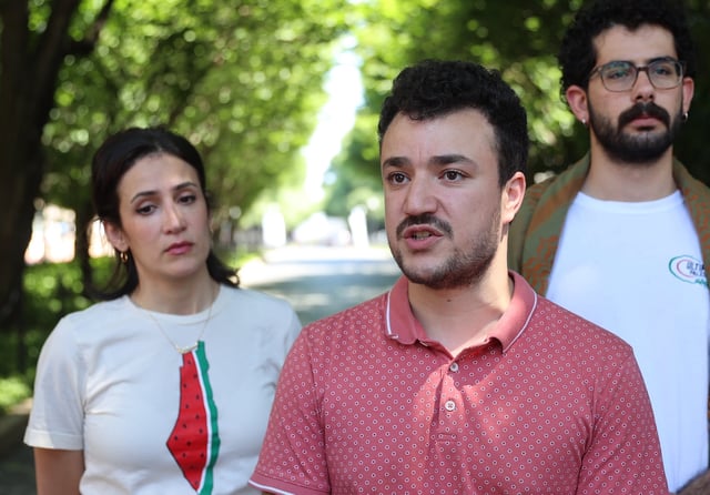 Columbia University student Mahmoud Khalil, center, during a protest in June 2024.