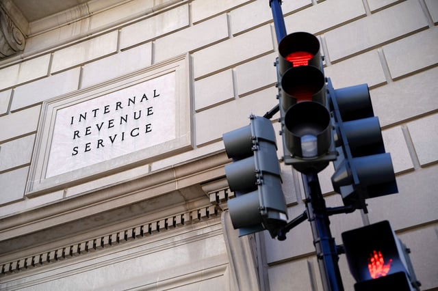 A traffic light is red outside the US Internal Revenue Service building in Washington, DC, on February 20.