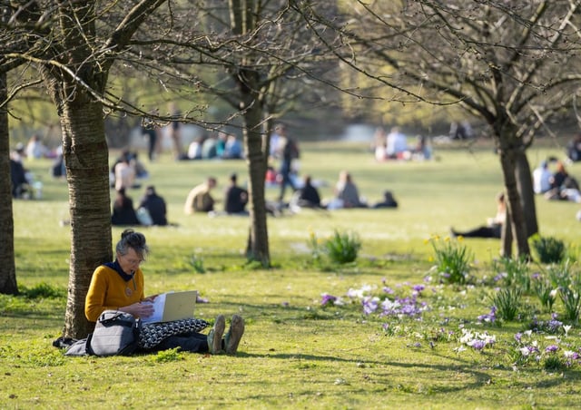 A lady sits in the shade in Regent&#39;s Park, central London.  Photo credit should read: James Manning/PA Wire