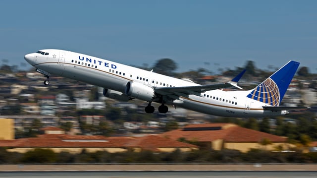 An United Airlines Boeing MAX9 aircraft departs San Diego International Airport to Denver on March 4, 2025 in San Diego, California.