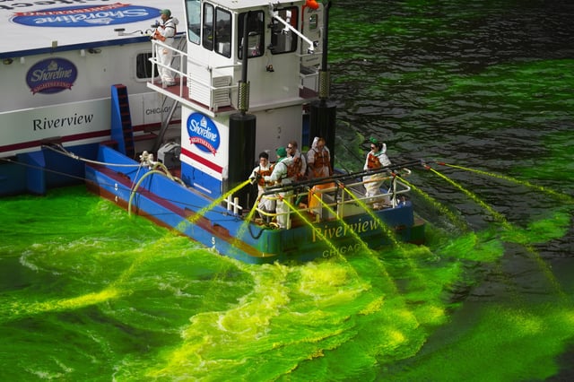 The Chicago River is dyed green as part of annual St. Patrick's Day festivities Saturday, March 15, 2025, in Chicago. (AP Photo/Erin Hooley)