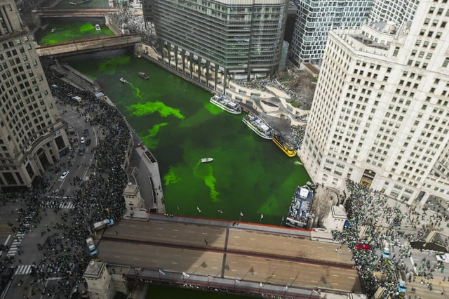 The Chicago River is dyed green as part of annual St. Patrick's Day festivities Saturday, March 15, 2025, in Chicago. (AP Photo/Erin Hooley)