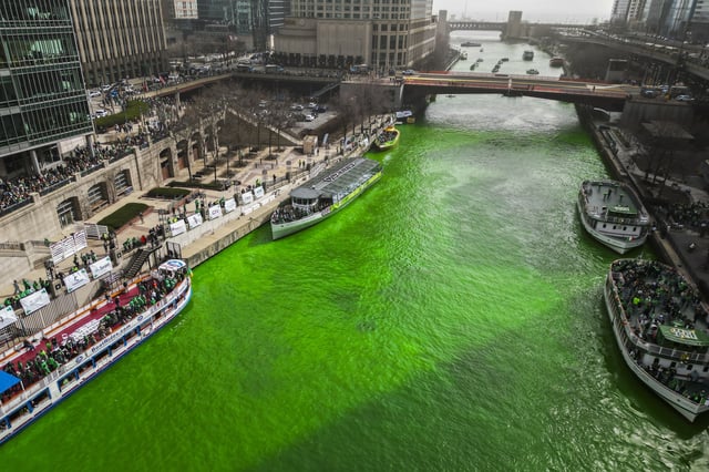 The Chicago River is dyed green as part of annual St. Patrick's Day festivities Saturday, March 15, 2025, in Chicago. (AP Photo/Erin Hooley)