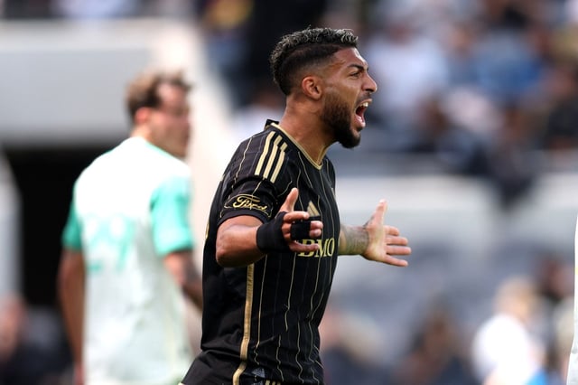 LAFC’s Denis Bouanga reacts during the first half of an MLS match against Austin FC on Saturday, March 15, 2025, at BMO Stadium. (Photo by Raul Romero Jr., Contributing Photographer)