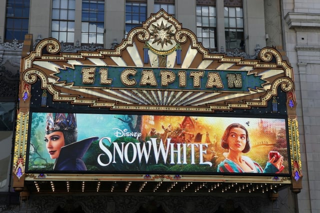 The marquee of the El Capitan Theatre in Los Angeles for the world premiere of Disney's "Snow White"