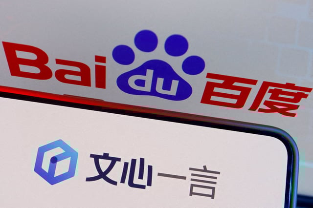 The logo of Baidu's AI chatbot Ernie Bot is displayed near a screen showing the Baidu logo, in this illustration picture taken June 28, 2023. REUTERS/Florence Lo/Illustration/File Photo