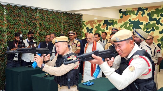 Union Home Minister Amit Shah with Union Minister of Ports, Shipping and Waterways Sarbananda Sonowal during the inaugural ceremony of the Lachit Barphukan Police Academy, at Dergaon in Golaghat on Saturday. (Amit Shah - X)