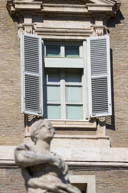 The window of the Apostolic Palace at The Vatican, Sunday, Feb. 16, 2025, from where Pope Francis, who was hospitalised on Friday, blesses the faithful gathered in St. Peter's Square after the Angelus every Sunday is closed. (AP Photo/Gregorio Borgia)