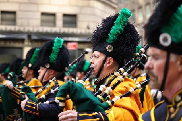 The New York City Police Department Emerald Society Band march in the St. Patrick&#39;s Day Parade on Fifth Avenue in New York on Saturday, March 16, 2024.