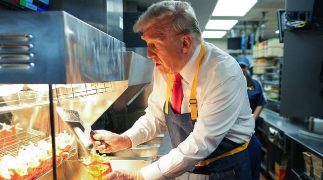 FEASTERVILLE-TREVOSE, PENNSYLVANIA - OCTOBER 20: Republican presidential nominee, former U.S. President Donald Trump works behind the counter making french fries during a campaign event at McDonald&#39;s restaurant on October 20, 2024 in Feasterville-Trevose, Pennsylvania. Trump is campaigning the entire day in the state of Pennsylvania. Trump and Democratic presidential nominee Vice President Kamala Harris continue to campaign in battleground swing states ahead of the November 5th election. (Photo by Doug Mills-Pool/Getty Images)