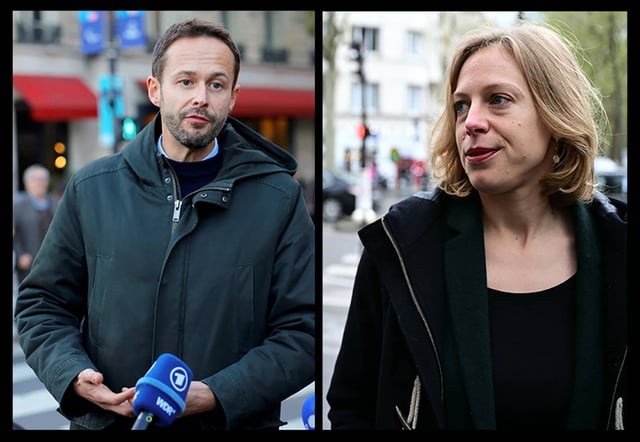David Belliard, à gauche, et Anne Claire Boux, à droite, se sont qualifiés pour le second tour de la primaire des écologistes pour les municipales de 2026 à Paris.
