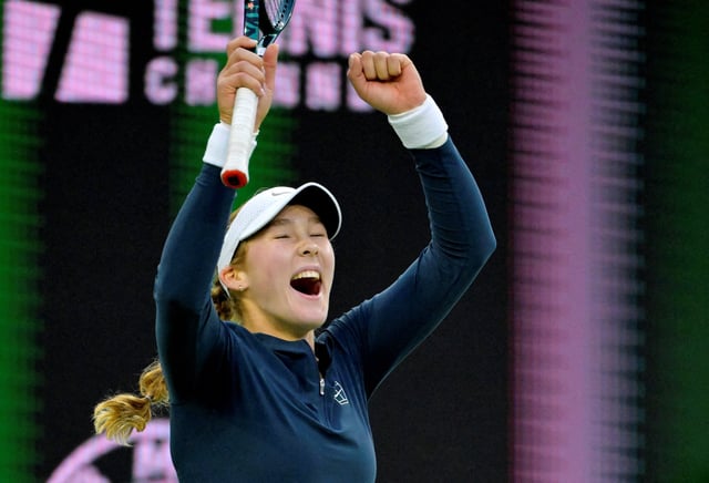 Mar 14, 2025; Indian Wells, CA, USA;  Mirra Andreeva (RUS) celebrates at match point defeating Iga Swiatek (not pictured) in their semifinal match of the BNP Paribas Open at the Indian Well Tennis Garden. Jayne Kamin-Oncea-Imagn Images/File Photo
