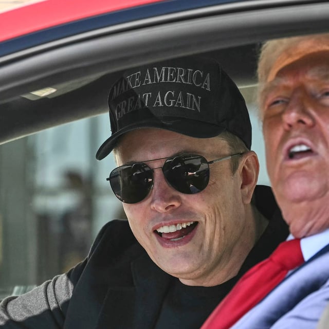 President Donald Trump and Tesla CEO Elon Musk speak to reporters as they sit in a Tesla vehicle on the South Lawn of the White House Tuesday, March 11, 2025, in Washington. (Pool via AP)